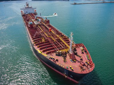 Aerial view of industrial fuel and petrochemical tanker cruising sea