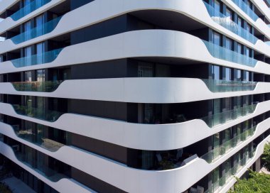 Facade of the new office building. Modern architecture, residential building, aerial view