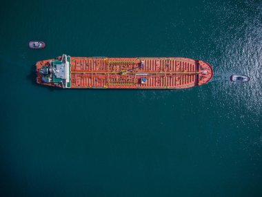 Aerial view of industrial fuel and petrochemical tanker cruising sea