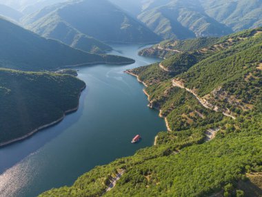 Aerial top panoramic view of the Vacha Reservoir located in Bulgaria near the Devin city, Rhodopa Mountains