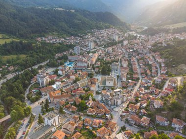 Devin, Bulgaria. Aerial top view to the small city in the mountains.