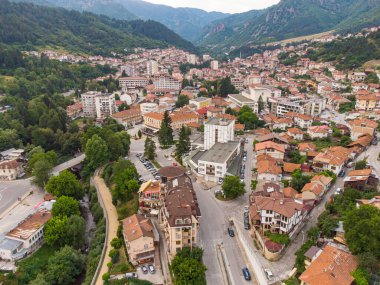 Devin, Bulgaria. Aerial top view to the small city in the mountains.