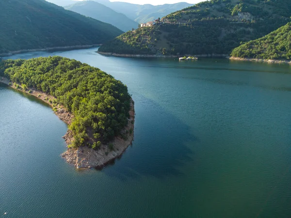 Aerial Top Panoramic View Vacha Reservoir Located Bulgaria Devin City — стоковое фото