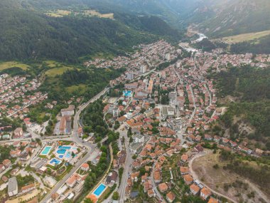 Devin, Bulgaria. Aerial top view to the small city in the mountains.