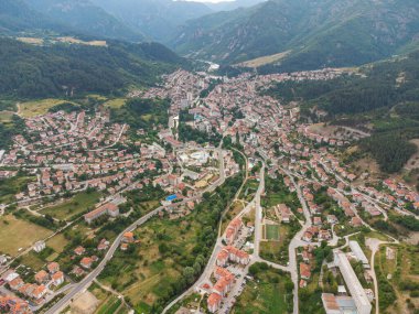 Devin, Bulgaria. Aerial top view to the small city in the mountains.