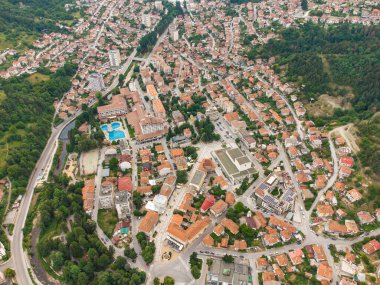 Devin, Bulgaria. Aerial top view to the small city in the mountains.
