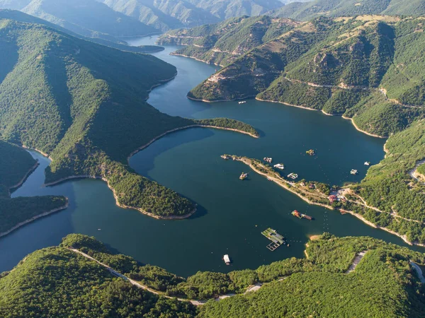 Aerial Top Panoramic View Vacha Reservoir Located Bulgaria Devin City — стоковое фото