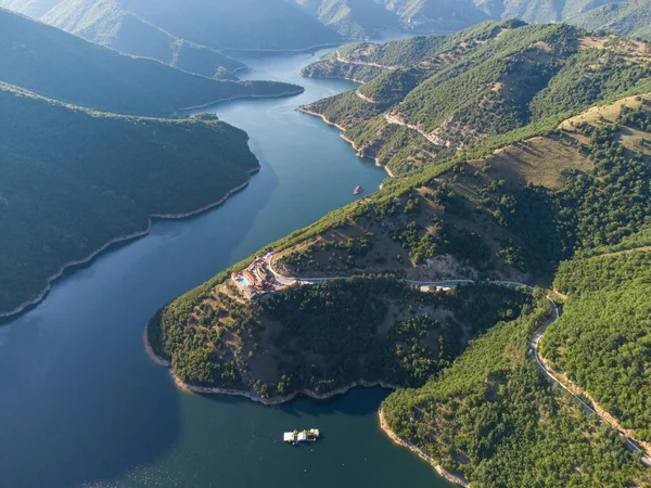 Aerial Top Panoramic View Vacha Reservoir Located Bulgaria Devin City — стоковое фото