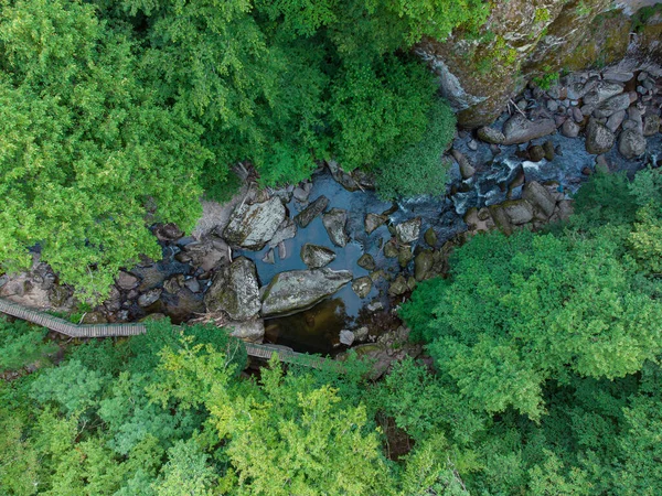 Aerial Top View Stream Forest Rhodope Mountains Town Devin — Zdjęcie stockowe