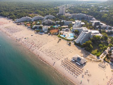 Aerial Top View Of People Crowd Relaxing On Beach In Albena, Bulgaria