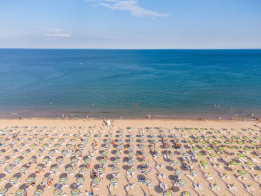 Aerial Top View Of People Crowd Relaxing On Beach In Albena, Bulgaria