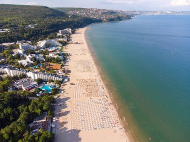 Aerial Top View Of People Crowd Relaxing On Beach In Albena, Bulgaria