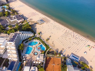 Aerial Top View Of People Crowd Relaxing On Beach In Albena, Bulgaria