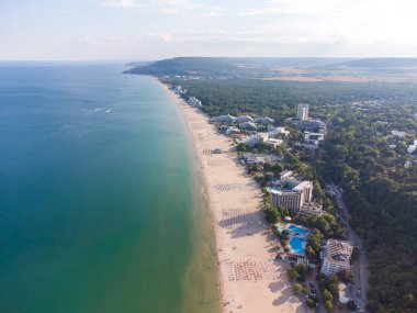 Aerial Top View Of People Crowd Relaxing On Beach In Albena, Bulgaria