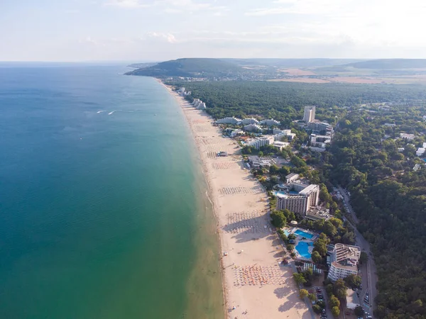 Aerial Top View Of People Crowd Relaxing On Beach In Albena, Bulgaria