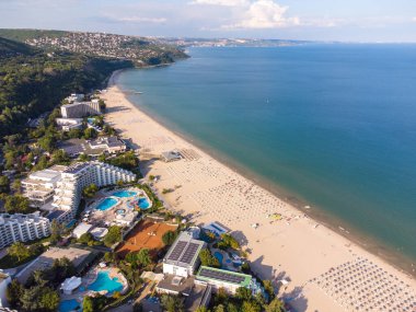 Aerial Top View Of People Crowd Relaxing On Beach In Albena, Bulgaria