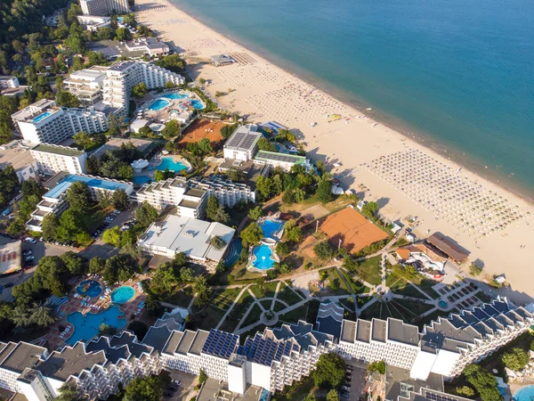 Aerial Top View Of People Crowd Relaxing On Beach In Albena, Bulgaria