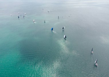Aerial top view of sailing yachts regatta race on sea near Varna in Bulgaria, Black sea