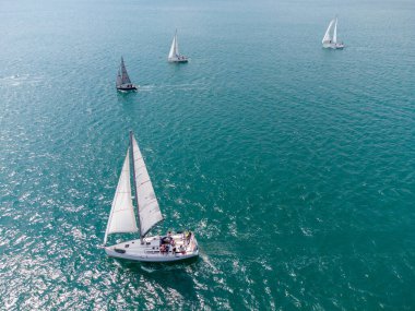 Aerial top view of sailing yachts regatta race on sea near Varna in Bulgaria, Black sea