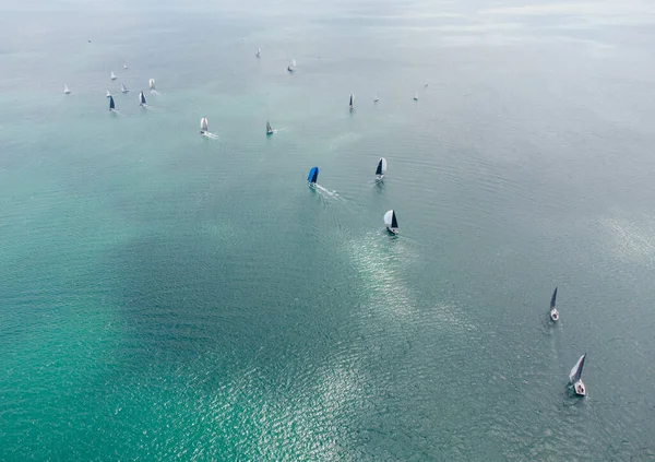 Aerial top view of sailing yachts regatta race on sea near Varna in Bulgaria, Black sea