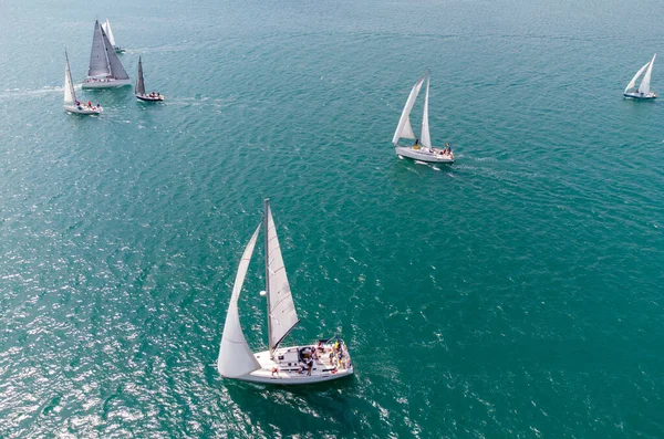Aerial top view of sailing yachts regatta race on sea near Varna in Bulgaria, Black sea