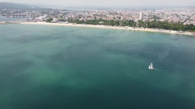 Aerial top view of sailing yachts regatta race on sea near Varna in Bulgaria, Black sea