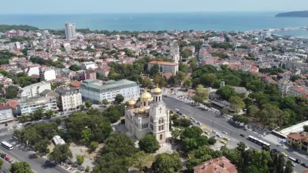 Aerial Top View Cathedral Assumption Varna — Stockvideo