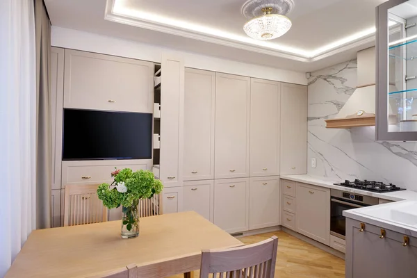 Modern white kitchen with different technique, clean interior design, no people