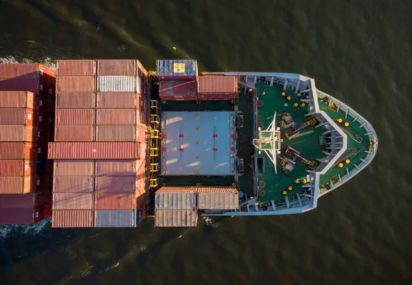 Vista Aérea Navio Contentor Carga Mar Pôr Sol — Fotografia de Stock