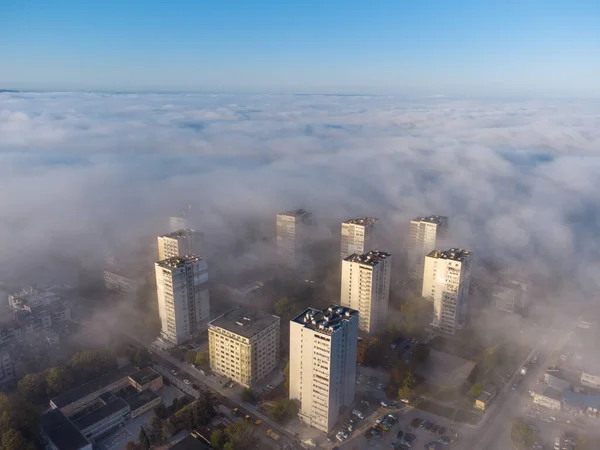 city in the fog in the morning aerial top view, Varna Bulgaria