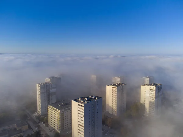 city in the fog in the morning aerial top view, Varna Bulgaria