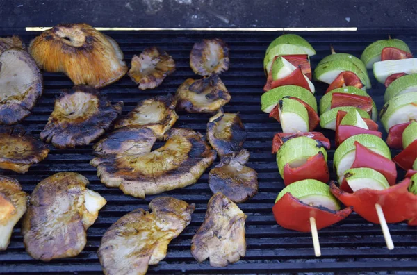 Vegetable Skewers Mushrooms Barbeque Grilling Food Barbeque Vegetarian Grill Healthy — Zdjęcie stockowe