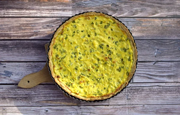 Hemlagad Quiche Lorraine Ovanifrån Quiche Lorraine Syrlig Med Ost Och — Stockfoto