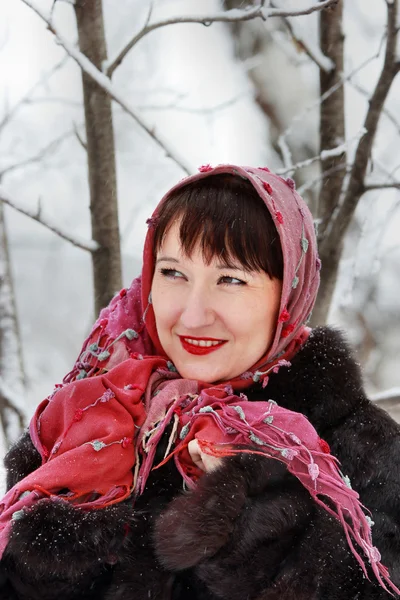 Retrato de uma menina bonita usando um lenço nos bosques de inverno — Fotografia de Stock