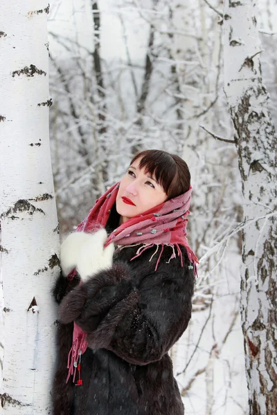 Zamyšlená dívka v zimním lese poblíž břízy — Stock fotografie