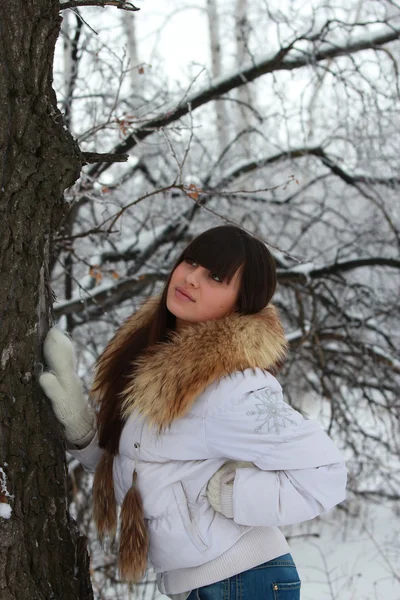 Ragazza premurosa vicino all'albero — Foto Stock