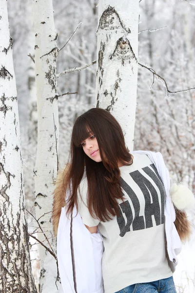 Thoughtful girl near birches — Stock Photo, Image