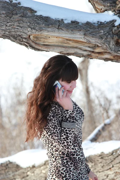 Девушка возле зимнего дуба, разговаривает по мобильному телефону — стоковое фото