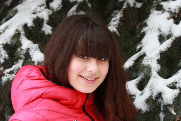 Retrato de una morena feliz cerca del abeto de invierno — Foto de Stock