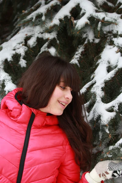 Ευτυχισμένος κορίτσι κοντά τα χιονισμένα έλατα — Φωτογραφία Αρχείου