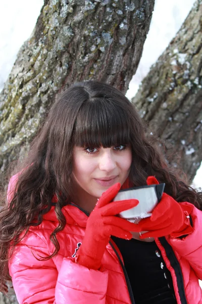 Mädchen mit einer Tasse Tee im Winterwald — Stockfoto