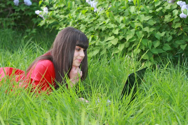 Young brunette with a laptop in the grass — Stock Photo, Image