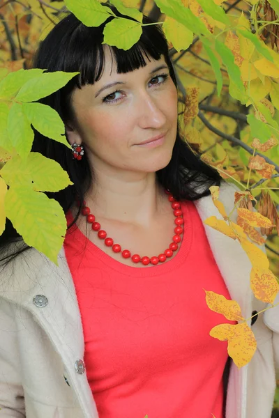 Portrait of a pretty woman among the autumn leaves — Stock Photo, Image