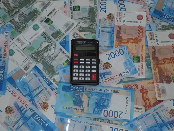 Calculator Background Russian Money Close — Stock Photo, Image