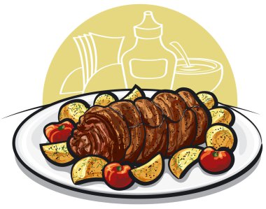 Kızarmış patates ve domatesli sığır rölesi.