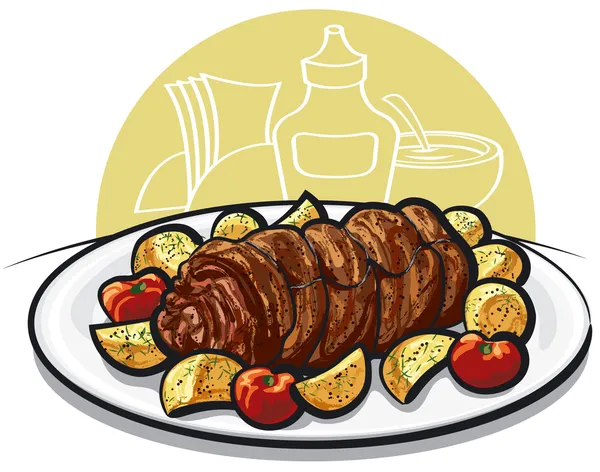 Rulade de carne de res con patatas asadas y tomate — Vector de stock