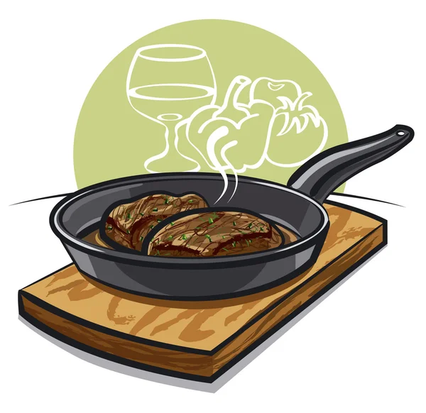 Filete caliente en una sartén — Vector de stock