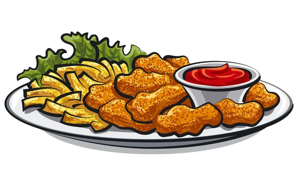 Stekt kyckling nuggets och pommes frites Royaltyfria illustrationer