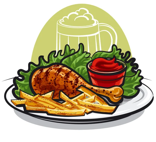 Chicken leg and fries — Stock Vector