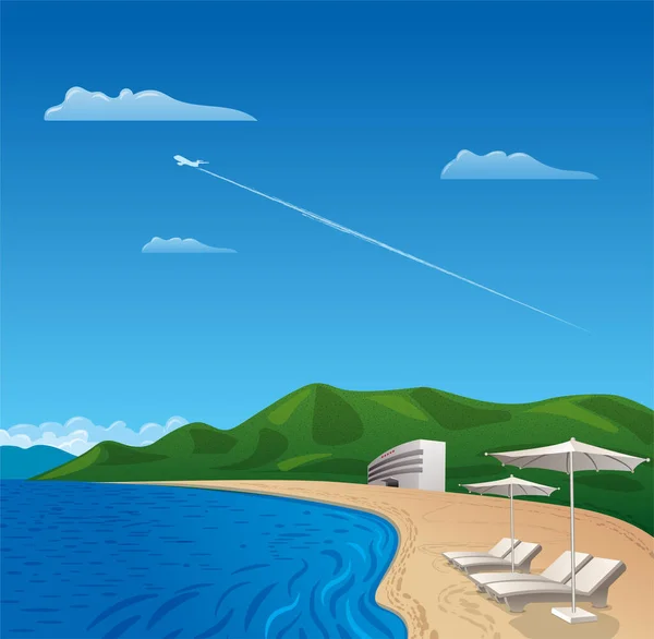 Illustrazione Dell Illustrazione Della Spiaggia Della Costa Con Hotel Resort — Vettoriale Stock